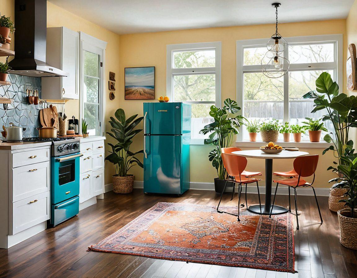 A cozy and cheerful home interior featuring a well-organized kitchen with Norcold appliances, such as a vibrant refrigerator and an efficient ice maker. Bright sunlight filters through the windows, illuminating happy family moments, like cooking and sharing meals together. Soft, inviting colors create a warm atmosphere, accentuated by houseplants and decorative items that evoke joy. Instagrammable elements like a quirky coffee nook and cheerful wall art emphasize a joyful living vibe. super-realistic. vibrant colors. bright natural lighting.