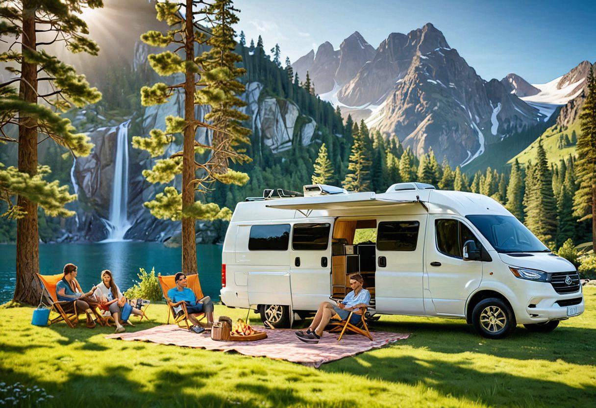 A modern camper van with sleek Norcold appliances, surrounded by stunning mountains and lush greenery, showcasing a family enjoying a picnic outside, demonstrating joy and satisfaction in their lifestyle. Bright sunlight filtering through trees adds warmth to the scene. super-realistic. vibrant colors. 3D.