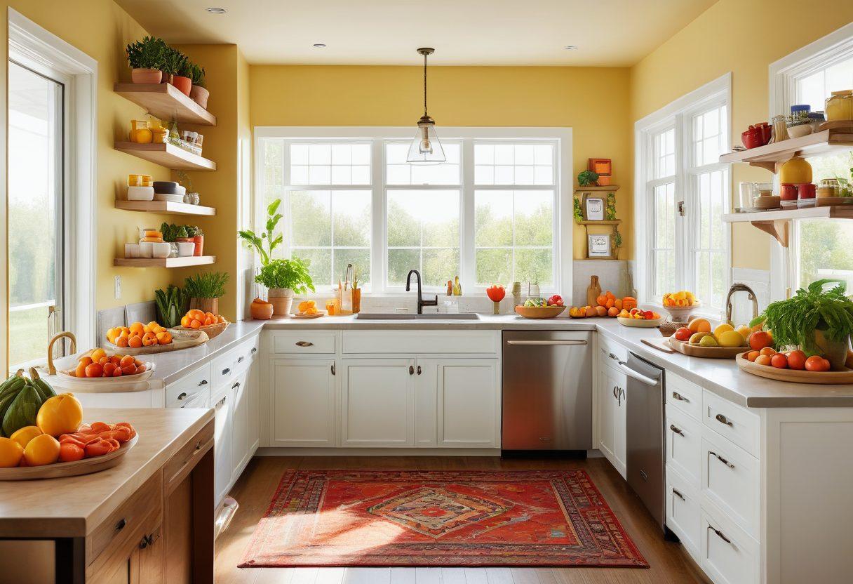 A bright and inviting kitchen scene featuring a modern, sleek refrigerator overflowing with fresh fruits, vegetables, and drinks. Warm sunlight streams through a window, illuminating cozy decor and a cheerful family enjoying time together. The overall atmosphere should radiate comfort, joy, and reliability associated with refrigeration. super-realistic. vibrant colors. warm ambiance.